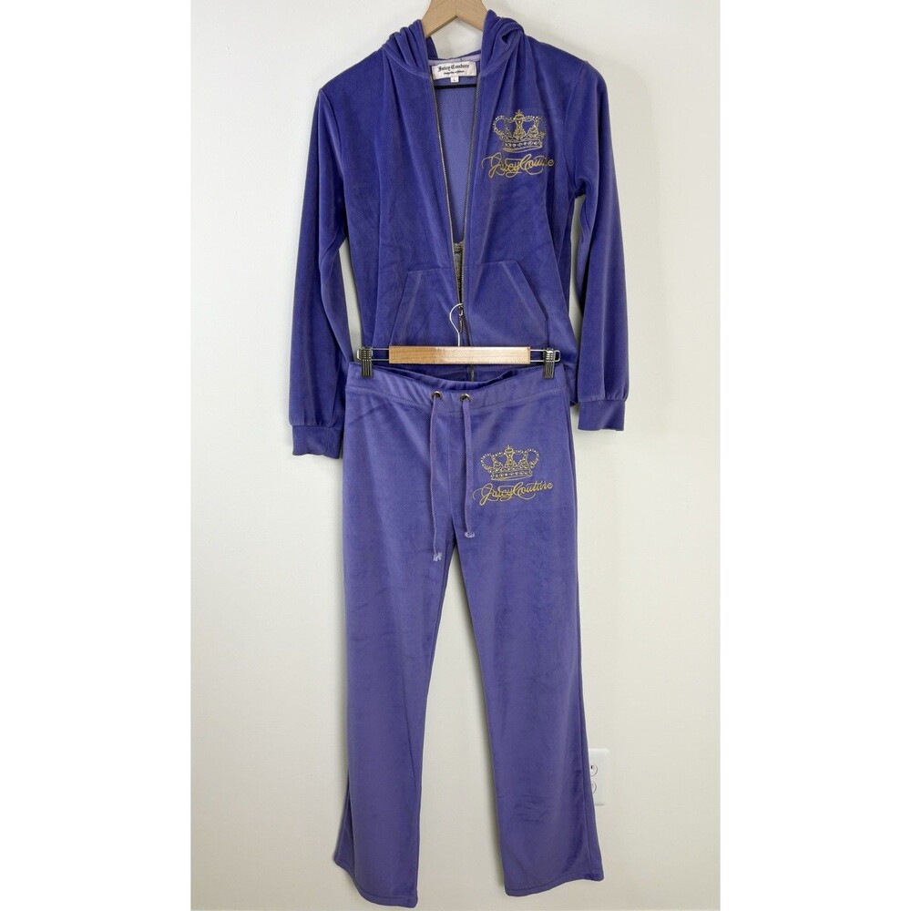 Juicy Couture Velour Embellished Tracksuit (Sz L) Purple Crown Rhinestone Y2K